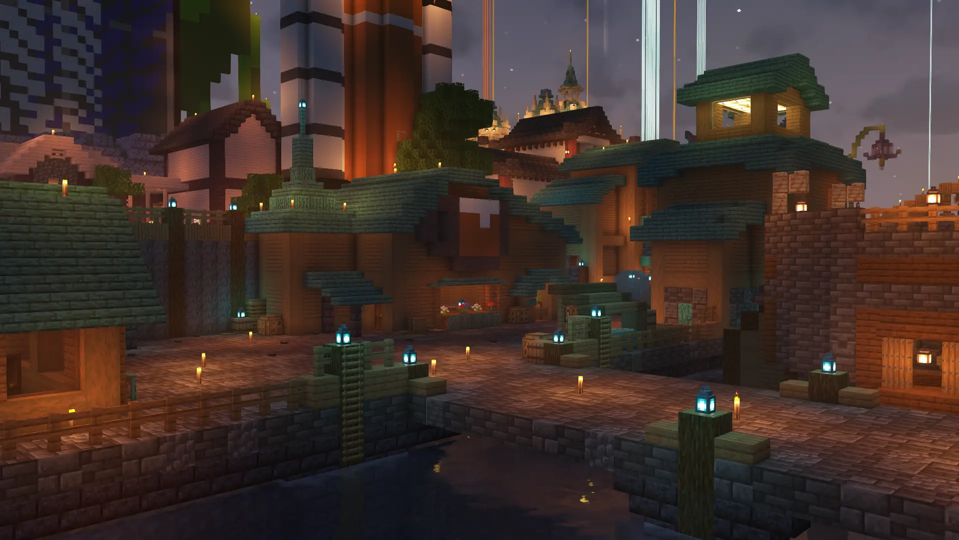 A warmly lighted dock area built on a deepslate base, with spruce buildings, and blue warped wood for the roof. The center building is a tavern with a large mug sign on the front.