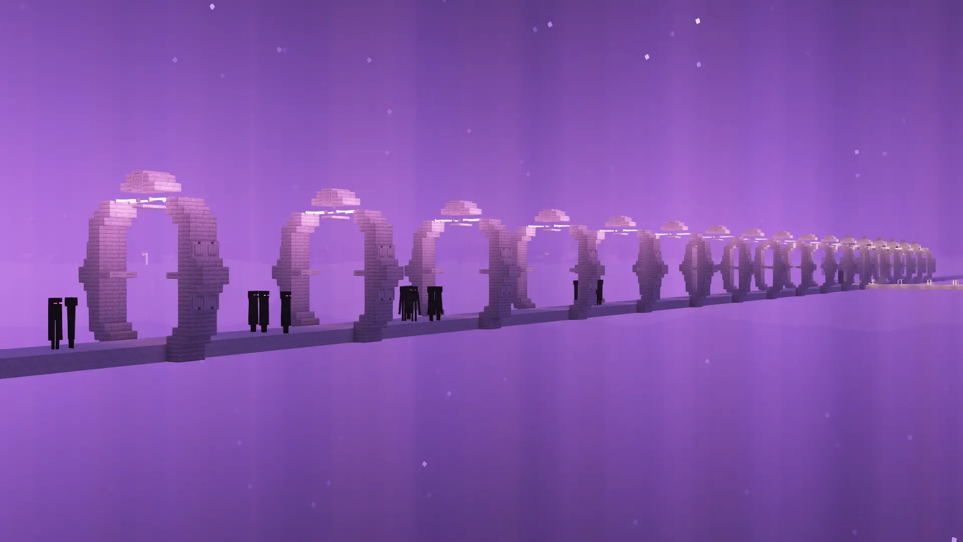 Many endermen stand ontop of a white bridge that floats above the purple glowing void. On the bridge are arches that glow white and repeat every few blocks. In the distance, the outline of an end island can be seen, but the details cannot be made out.