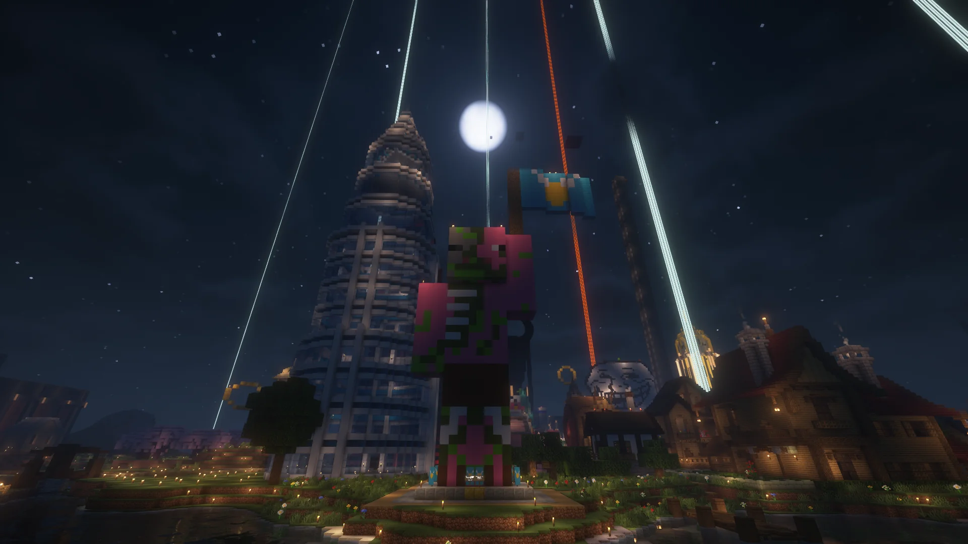 A nightime shot that shows a zombie pigman statue holding up a blue flag with a yellow fairy in the center. The background shows multiple buildings and behind them five evenly spaced beacons shine into the sky, with the moon in the middle.